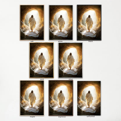 The image is a collage of seven images depicting a person walking through a tunnel or cave, with the person wearing a white robe and walking towards the light at the end of the tunnel.