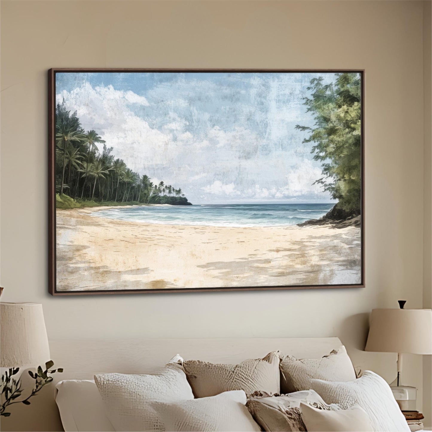 a bedroom with a large painting on the wall