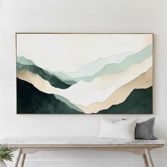 Abstract Sage Green Beige Wall Art, Landscape Framed Canvas Print, Minimalist Mountains, Texture Effect, Wabi-Sabi, Living Room Artwork