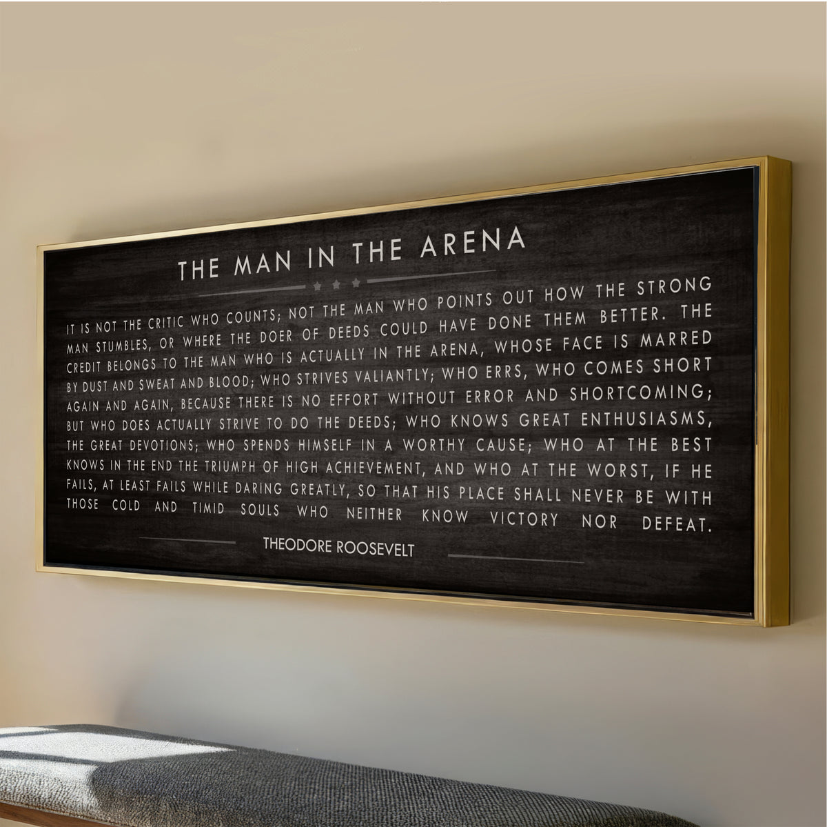 a framed quote by Theodore Roosevelt, which is a famous speech that discusses the importance of valuing one's place in the world and not being a complainer or a boastful person.The Man In The Arena Panorama Art