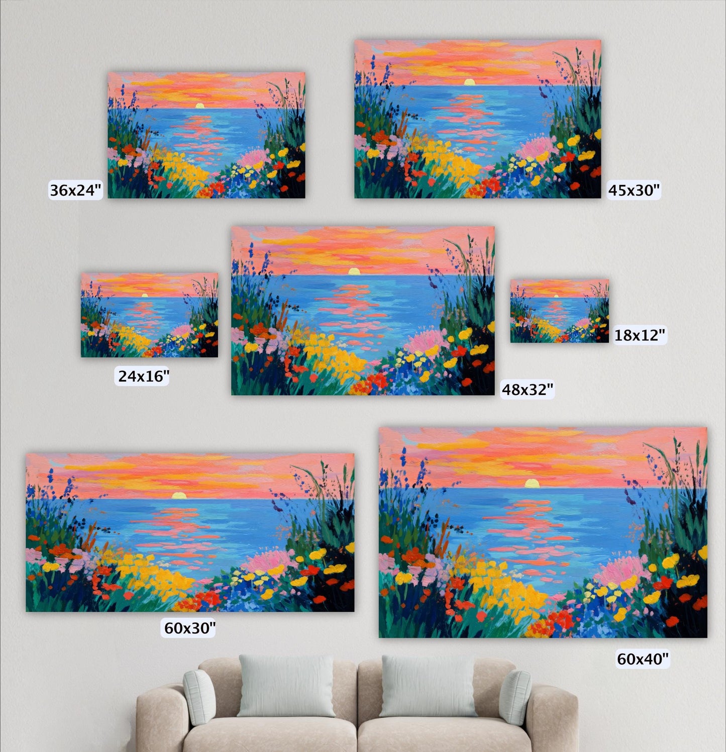 a collection of six paintings depicting a sunset over a body of water, with vibrant colors and a serene atmosphere.