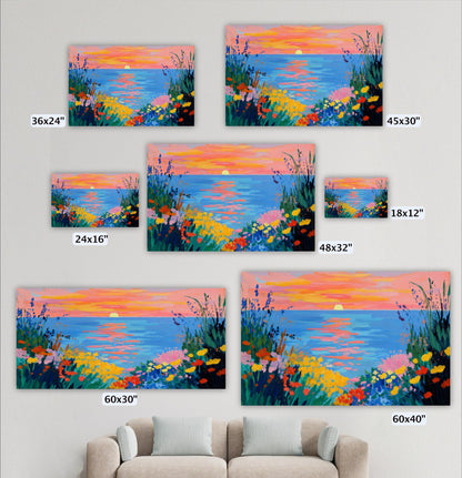a collection of six paintings depicting a sunset over a body of water, with vibrant colors and a serene atmosphere.
