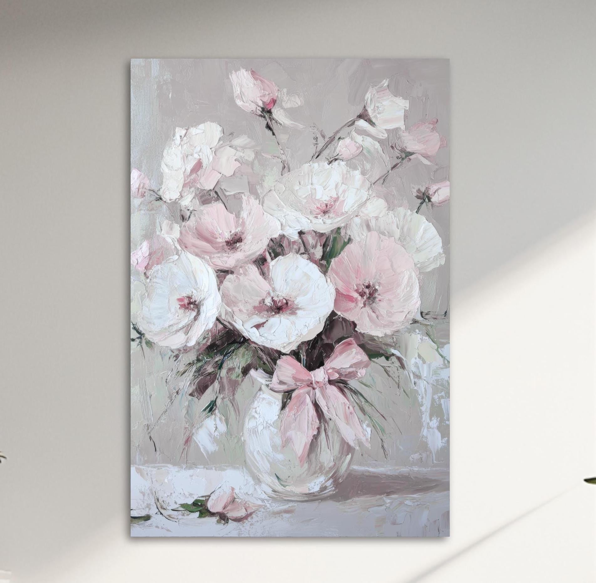 a painting of pink and white flowers on a white wall