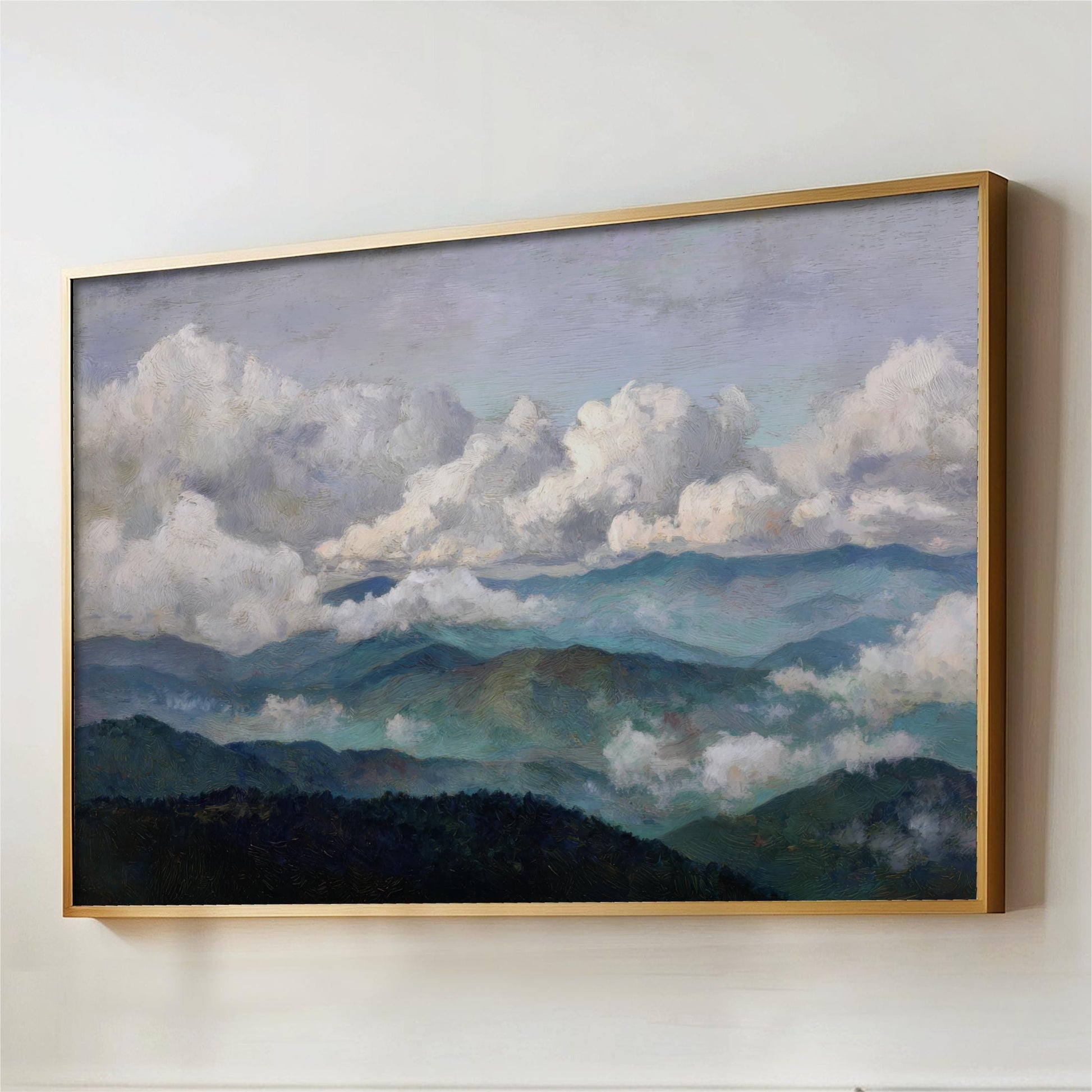 The image is a painting of a mountainous landscape with clouds in the sky.