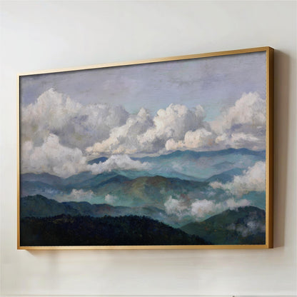 The image is a painting of a mountainous landscape with clouds in the sky.