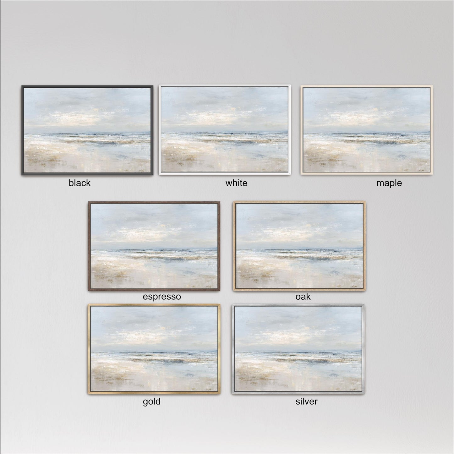 six framed landscape paintings, each with a different color and frame style, arranged in a grid.