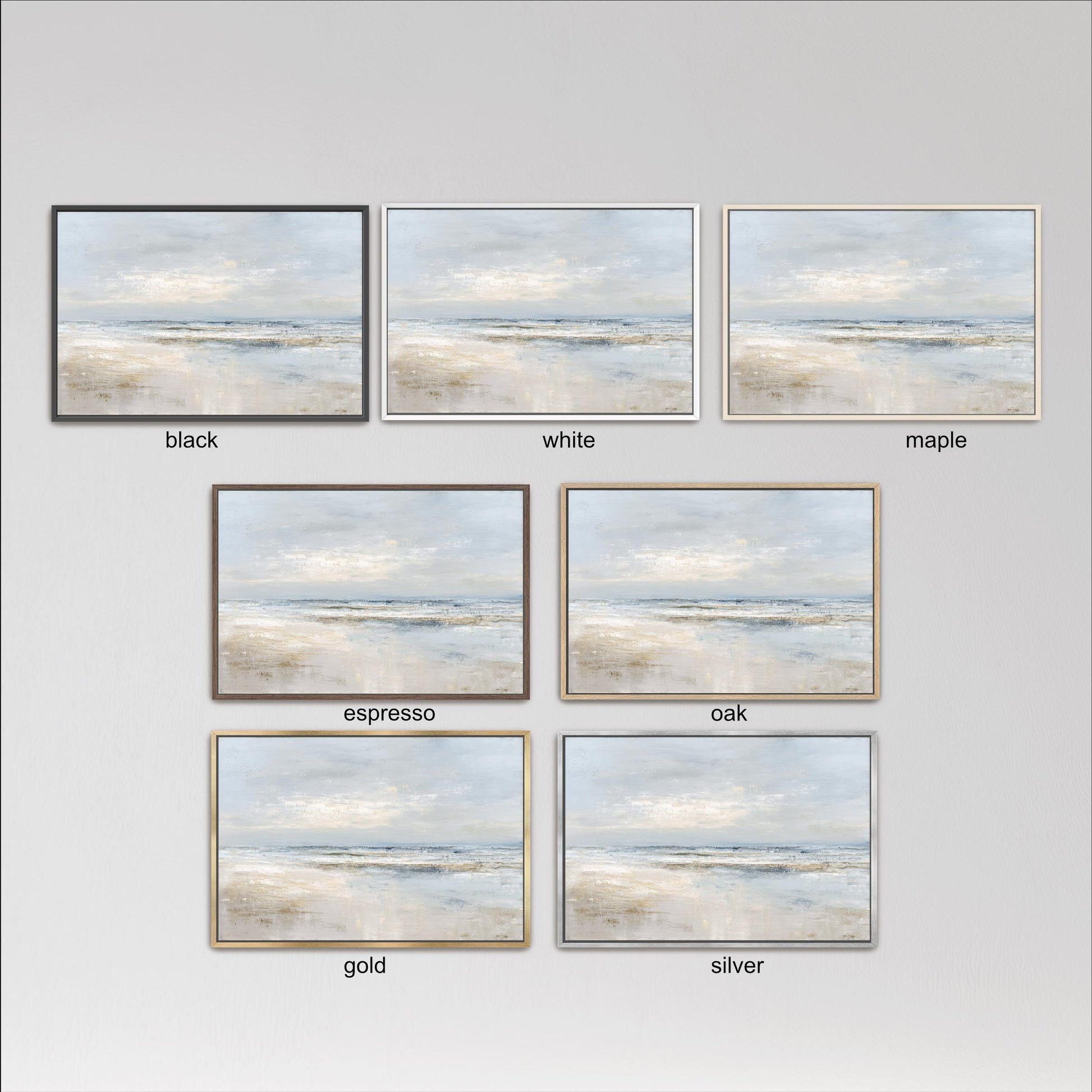 six framed landscape paintings, each with a different color and frame style, arranged in a grid.