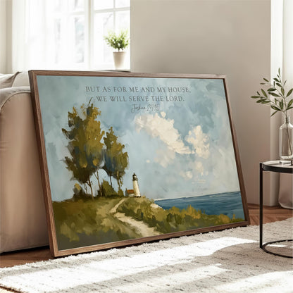 A framed painting depicting a lighthouse on a hill overlooking the ocean, with a quote from the Bible above it.