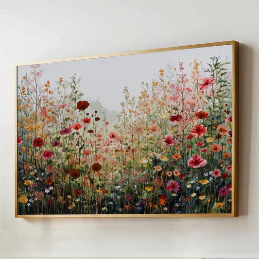 The image is a framed painting depicting a vibrant field of colorful flowers, including red, pink, orange, and yellow blooms. Wildflower Meadow Floral Landscape Wall Art, Vintage Botanical Field Artwork, Cottagecore Decor, Soft Nature Painting, Rustic Garden