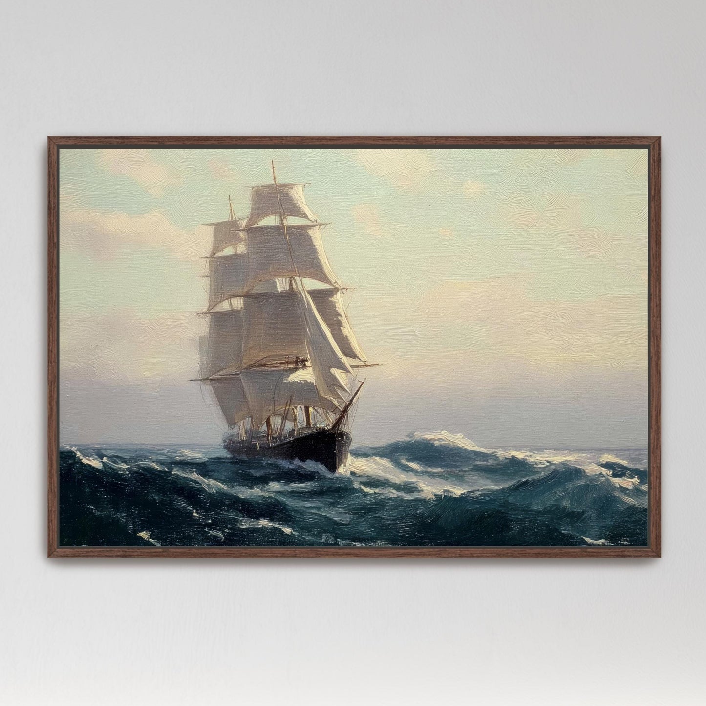A painting of a large sailing ship with three masts navigating through rough seas.