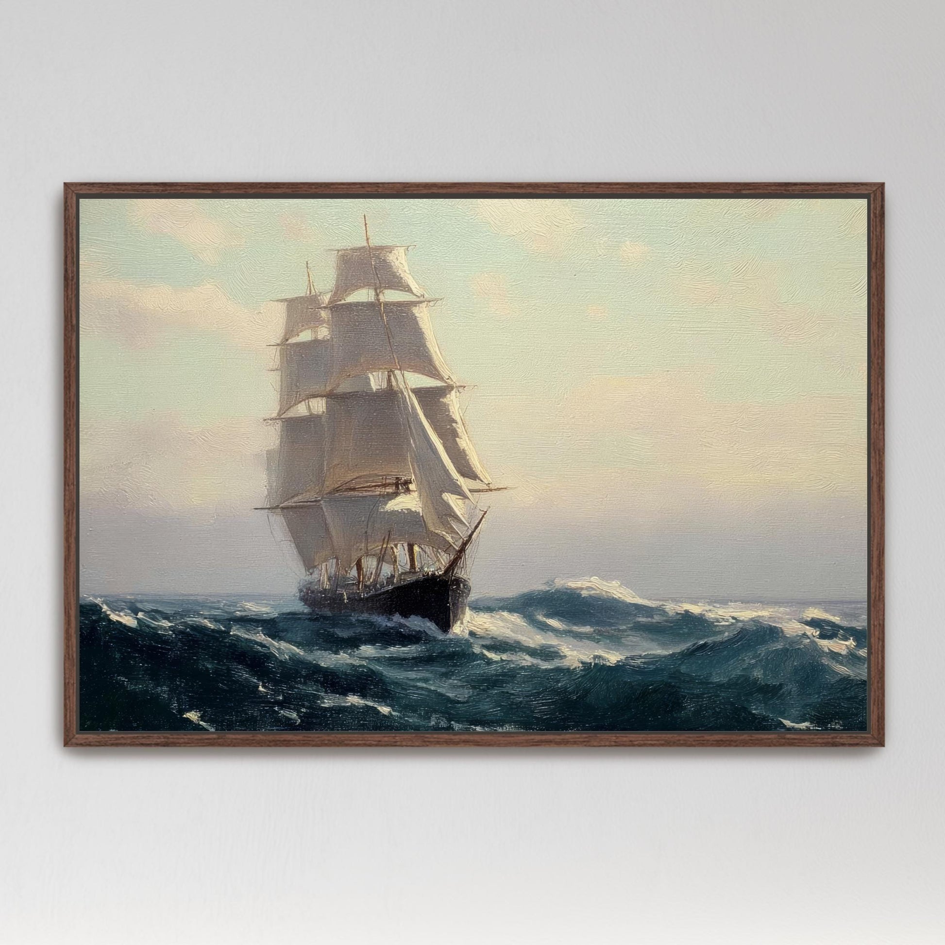 A painting of a large sailing ship with three masts navigating through rough seas.