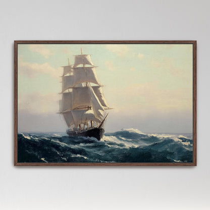 A painting of a large sailing ship with three masts navigating through rough seas.