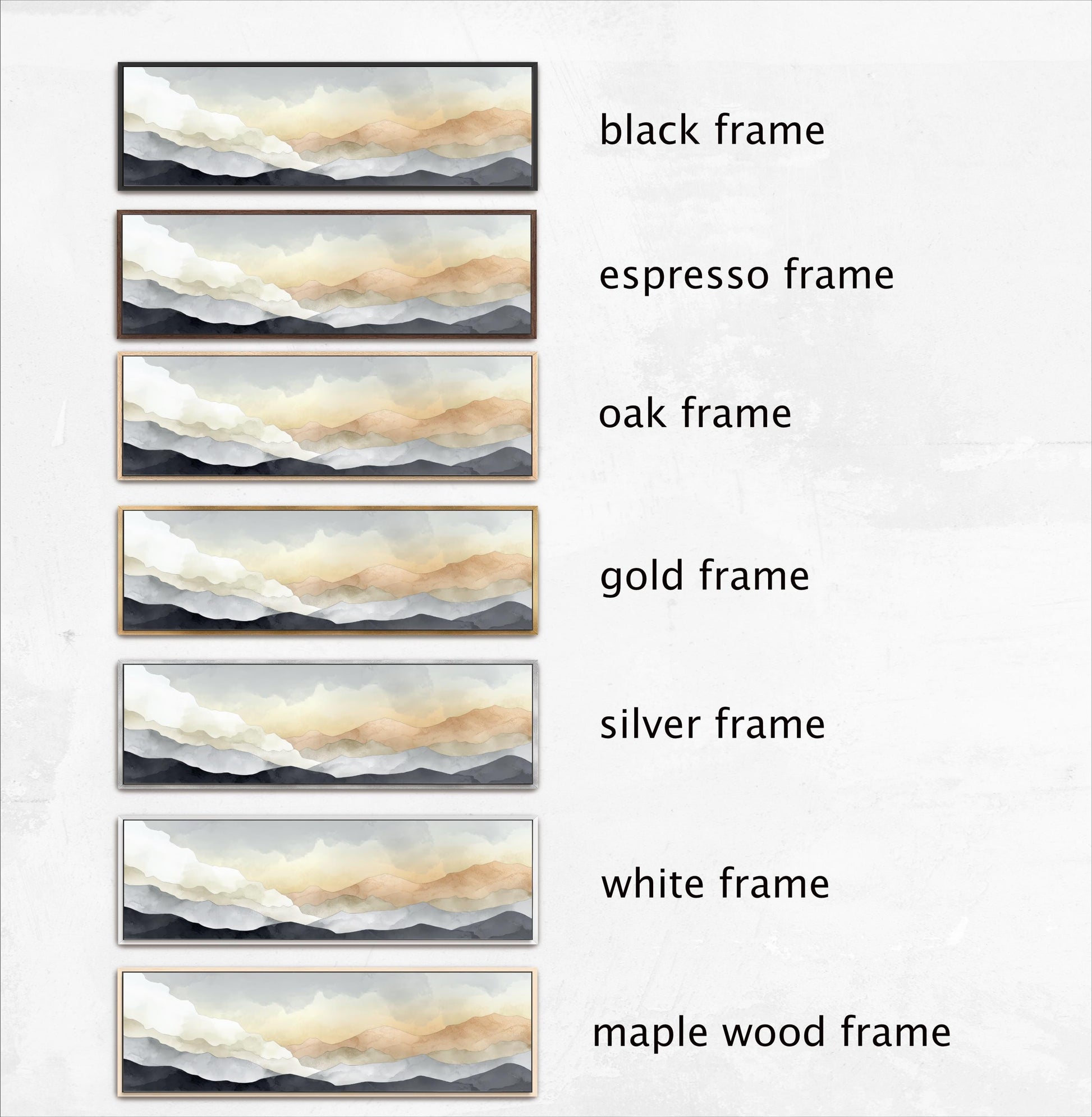 six different framed landscape photographs, each with a different frame color and style. The frames are labeled as black, espresso, oak, gold, silver, and white, as well as maple wood.