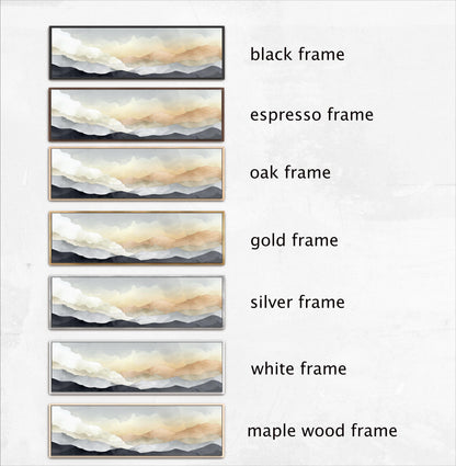 six different framed landscape photographs, each with a different frame color and style. The frames are labeled as black, espresso, oak, gold, silver, and white, as well as maple wood.
