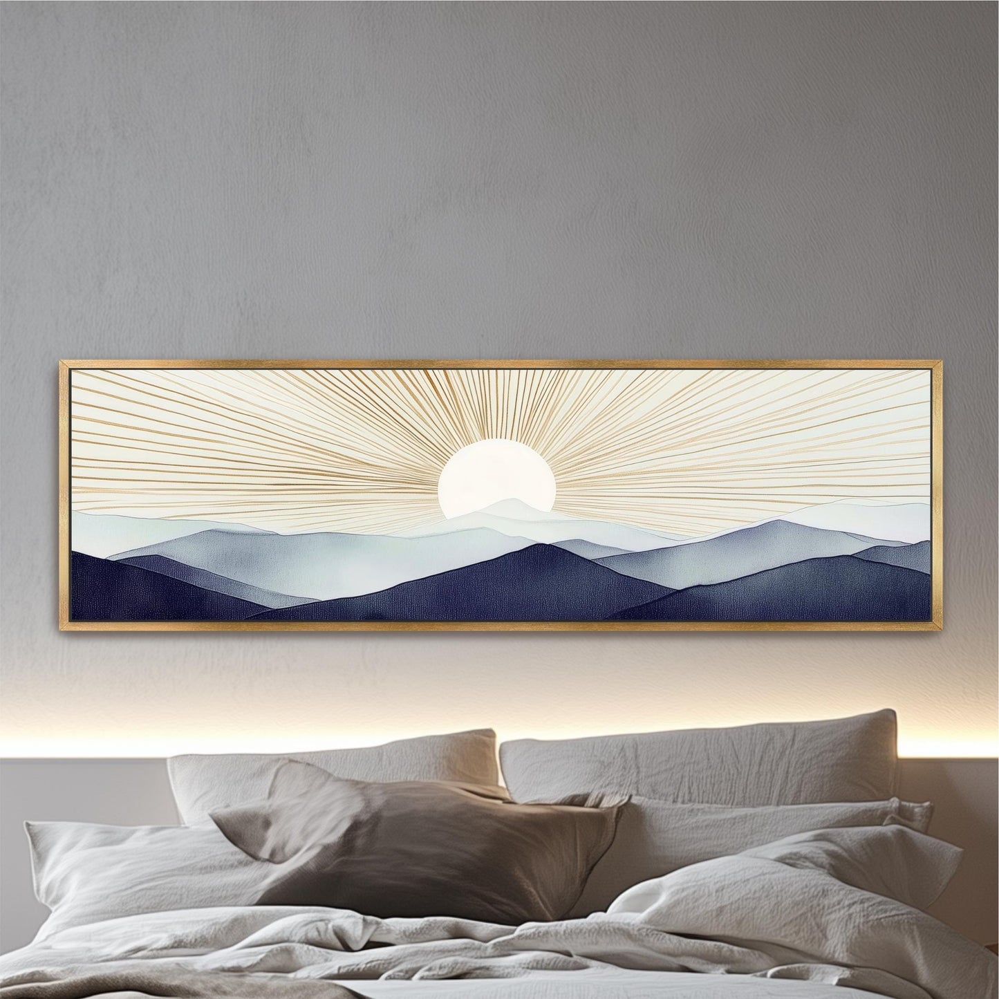 a bed with a white comforter and a painting on the wall