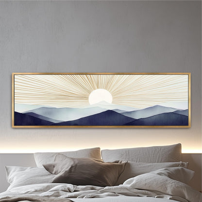a bed with a white comforter and a painting on the wall