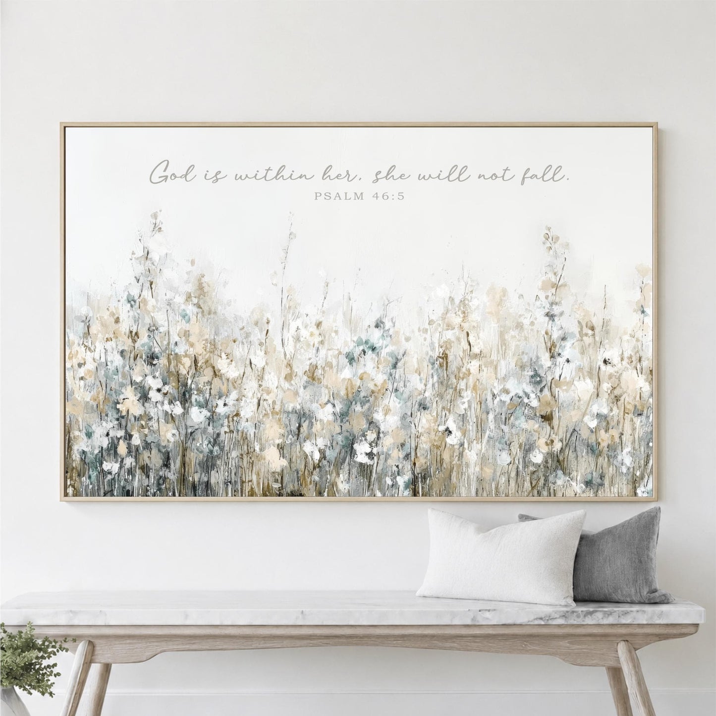 Wildflowers God Is Within Her Framed Art, She Will Not Fall, Christian Bible Verse Canvas Print, Psalm 46:5 Wall Art, Floral Landscape