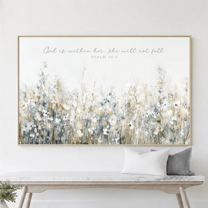 Wildflowers God Is Within Her Framed Art, She Will Not Fall, Christian Bible Verse Canvas Print, Psalm 46:5 Wall Art, Floral Landscape