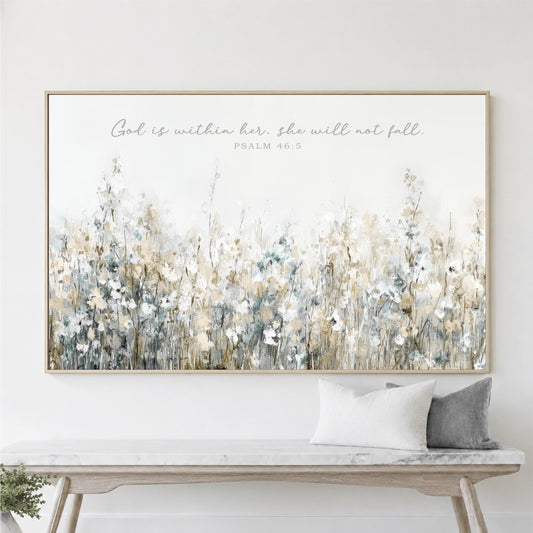 Wildflowers God Is Within Her Framed Art, She Will Not Fall, Christian Bible Verse Canvas Print, Psalm 46:5 Wall Art, Floral Landscape