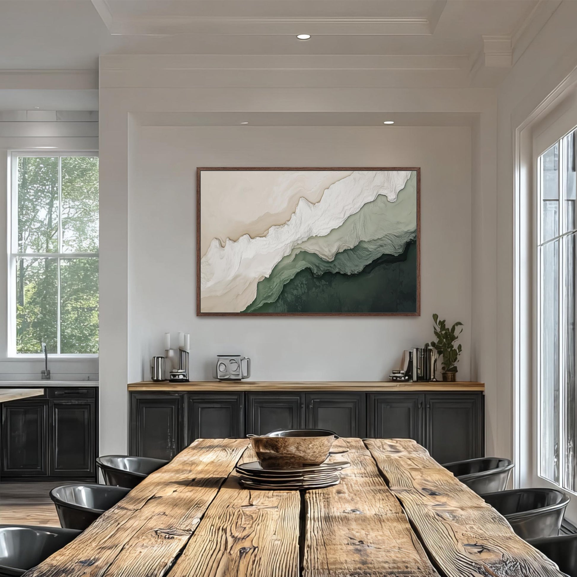 a modern dining room with a large wooden table surrounded by black chairs. A large abstract painting is hanging on the wall above the table, adding an artistic touch to the space. The room has a clean, minimalist design with white walls and a large window providing natural light.
