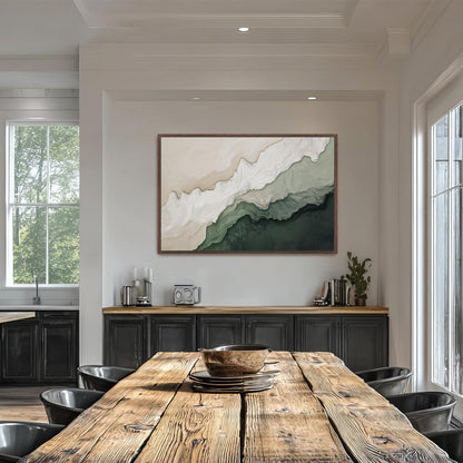 a modern dining room with a large wooden table surrounded by black chairs. A large abstract painting is hanging on the wall above the table, adding an artistic touch to the space. The room has a clean, minimalist design with white walls and a large window providing natural light.