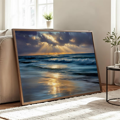 a large framed painting depicting a serene ocean scene with a sunset over the water.