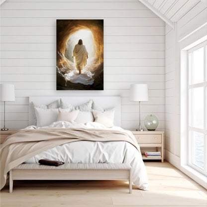 a serene bedroom scene with a large bed, white bedding, and a framed painting of a person walking through a tunnel of light.
