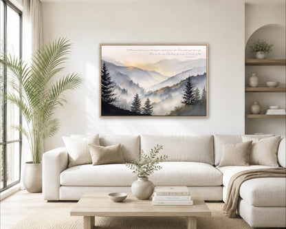 a serene living room with a large framed landscape painting hanging on the wall, featuring a mountain range with trees and a hazy, golden sky. The room is decorated with a white sofa, a coffee table, and a potted plant, creating a cozy and inviting atmosphere.