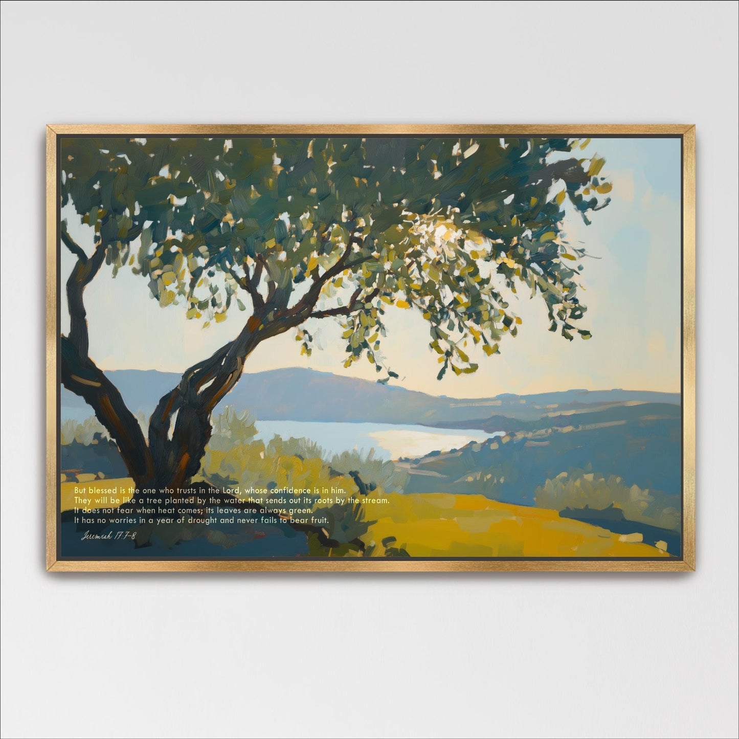 The image is a painting of a tree with a body of water in the background, depicting a serene landscape.