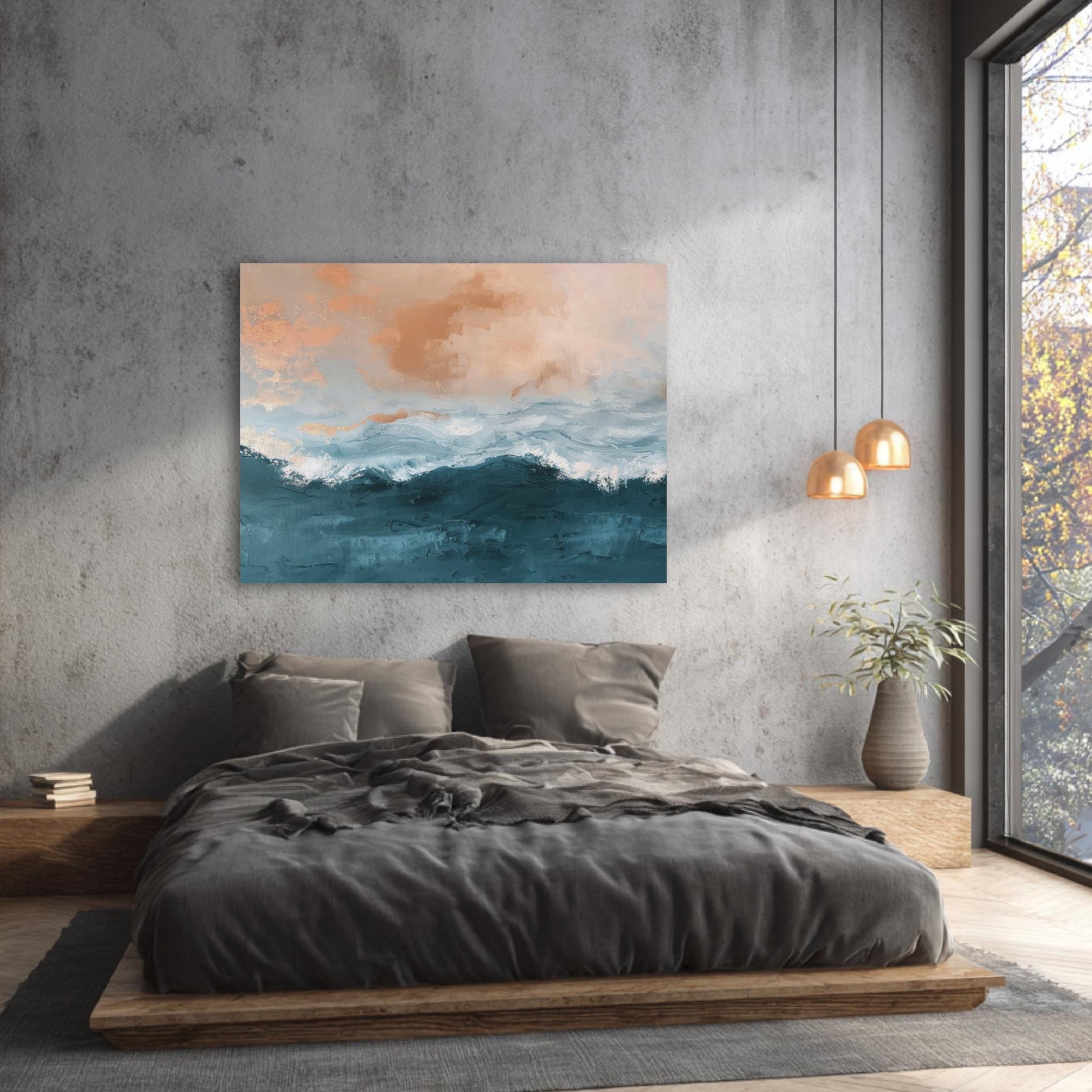 a serene bedroom scene with a large bed, a painting of a seascape, and a window overlooking trees.