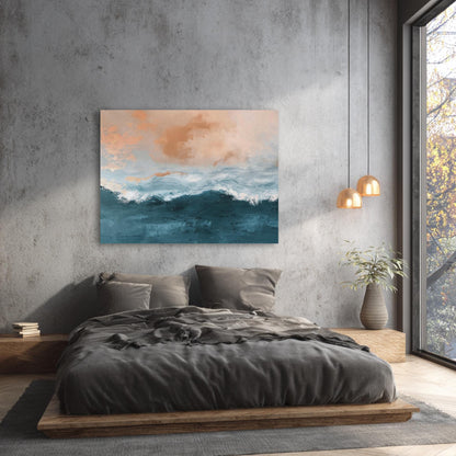 a serene bedroom scene with a large bed, a painting of a seascape, and a window overlooking trees.