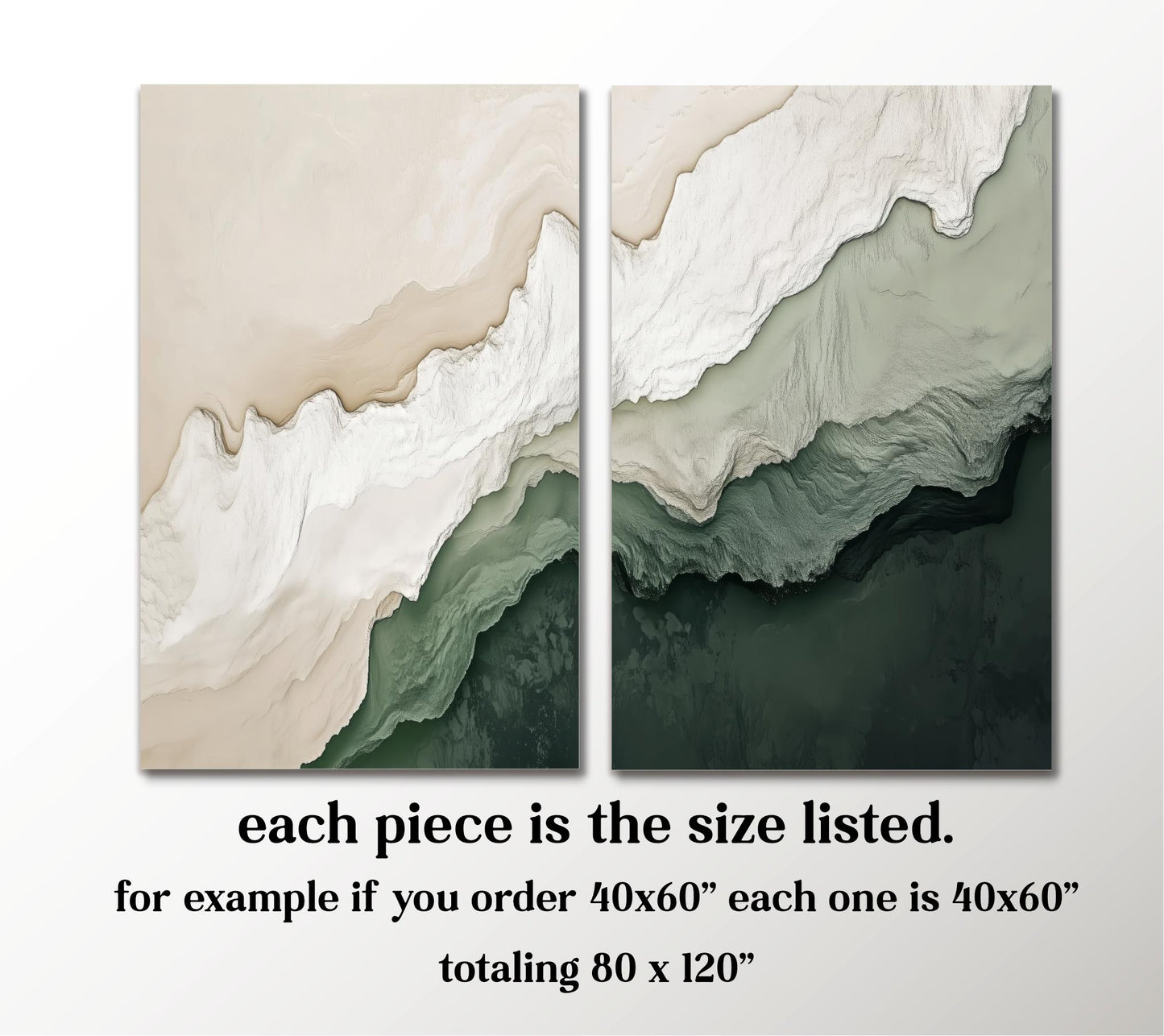 The image is a pair of abstract paintings with a gradient color scheme, featuring a mix of white, green, and brown hues. Each piece is the size listed, with 40x60 being the maximum dimension allowed for each. The total size of the two pieces is 80 x 120.