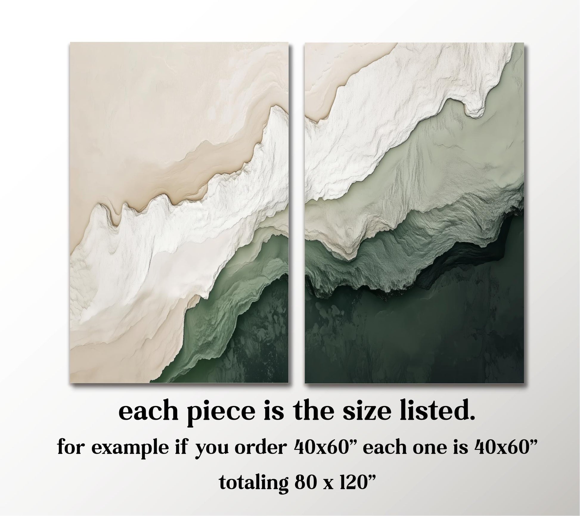 The image is a pair of abstract paintings with a gradient color scheme, featuring a mix of white, green, and brown hues. Each piece is the size listed, with 40x60 being the maximum dimension allowed for each. The total size of the two pieces is 80 x 120.