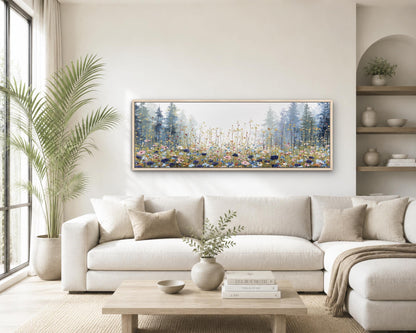 a cozy living room with a large, framed painting of a forest scene hanging on the wall above a white sofa. The room is decorated with various plants, vases, and books, creating a warm and inviting atmosphere.