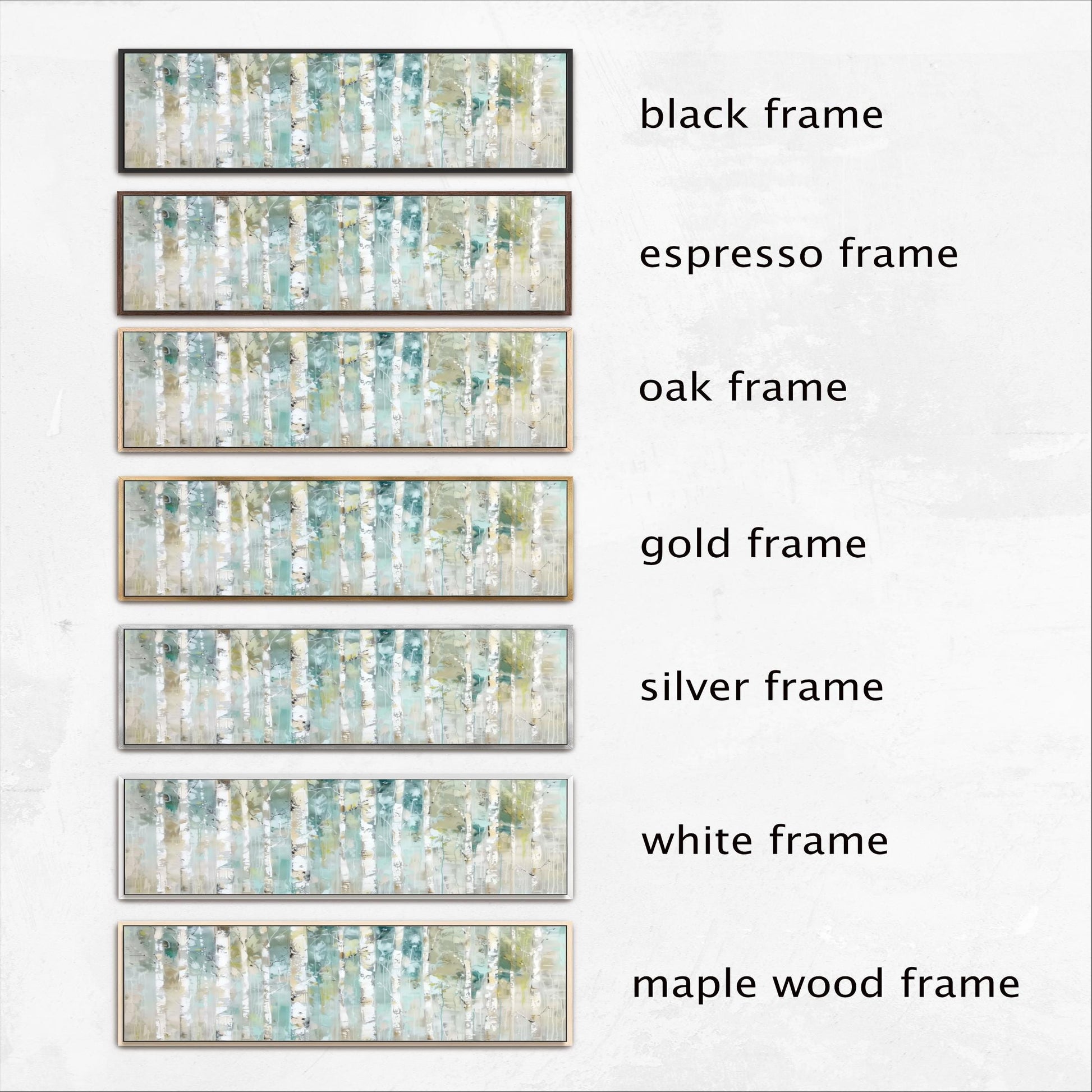 a collection of six different framed artworks, each with a unique color and frame style. The artworks include a black frame, an espresso frame, an oak frame, a gold frame, a silver frame, and a white frame. The artworks are arranged in a row, showcasing the variety of frames available for display.