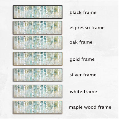 a collection of six different framed artworks, each with a unique color and frame style. The artworks include a black frame, an espresso frame, an oak frame, a gold frame, a silver frame, and a white frame. The artworks are arranged in a row, showcasing the variety of frames available for display.