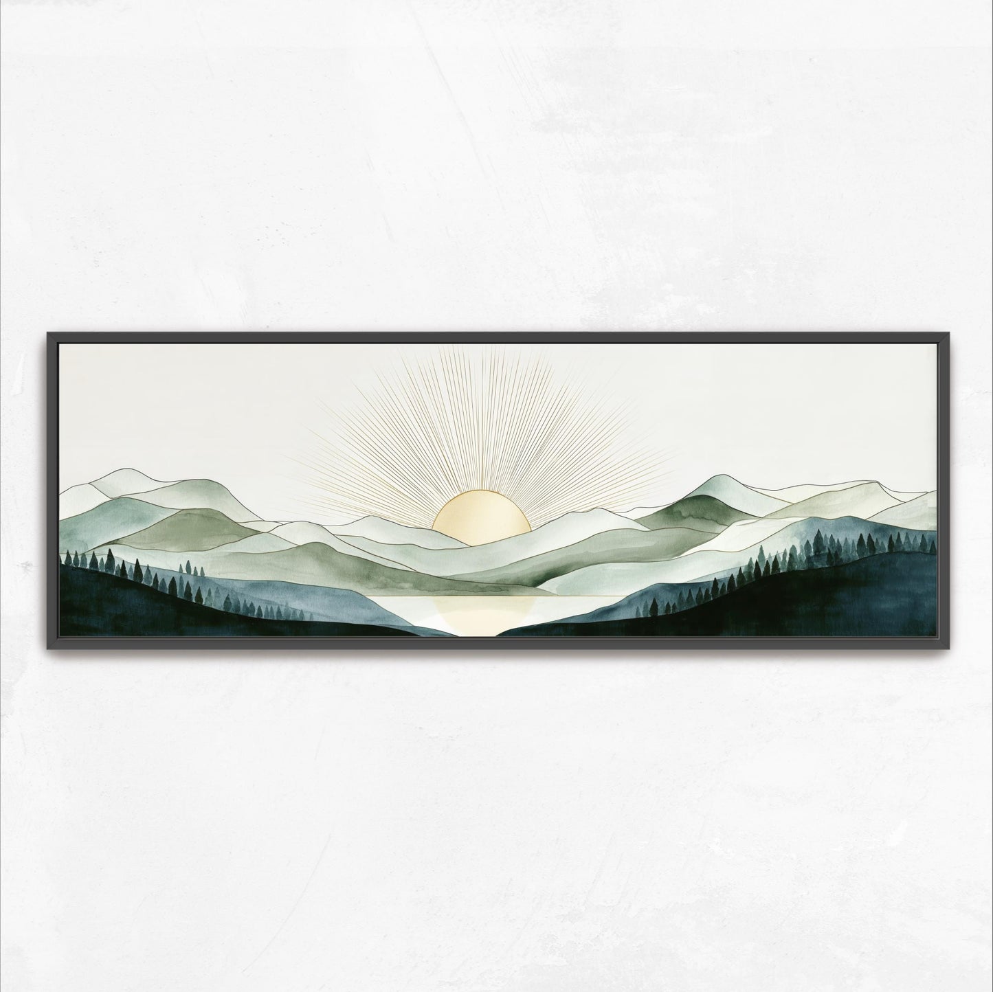 A framed landscape painting depicting a serene mountain scene with a sun rising over the horizon.