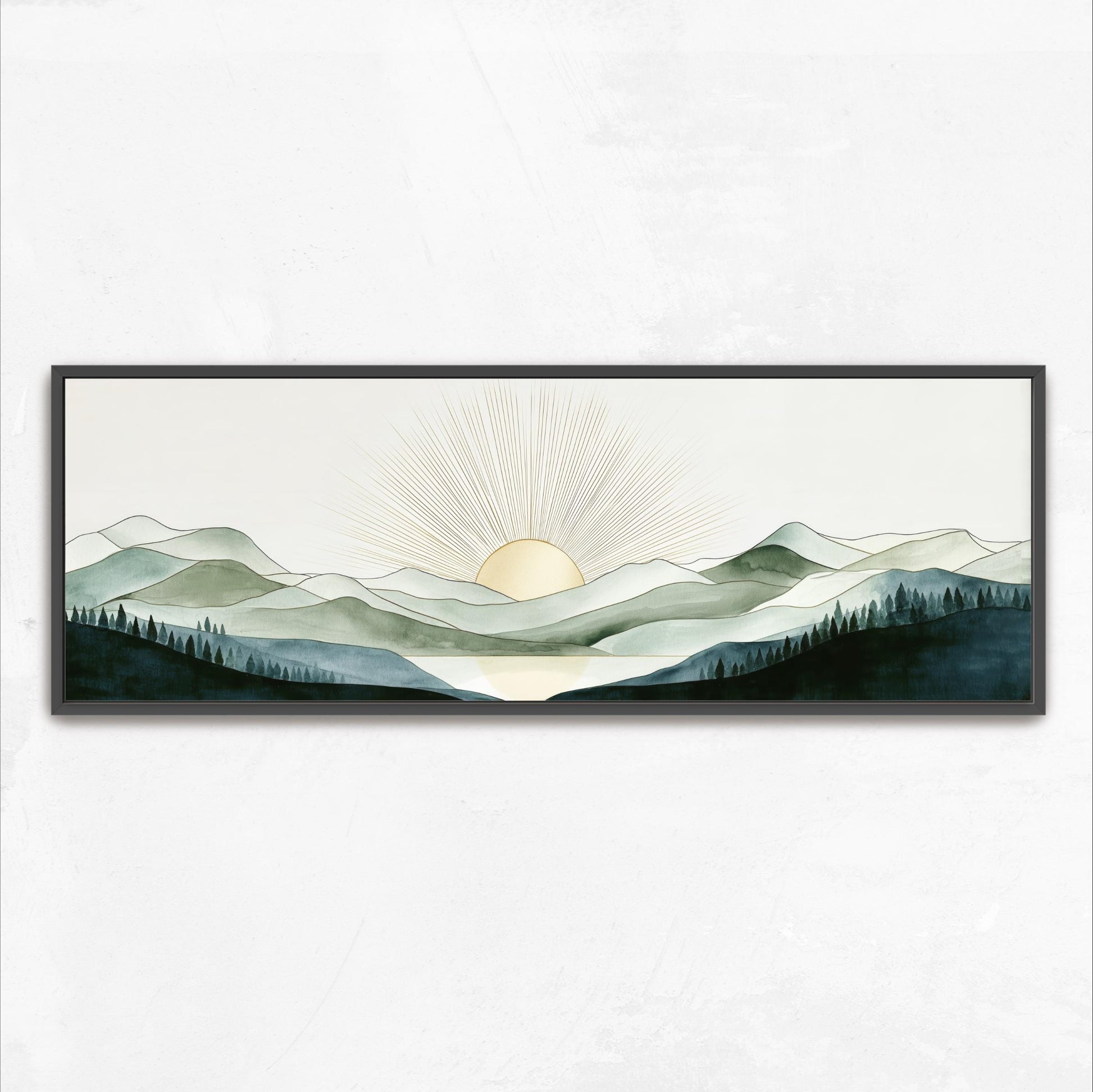 A framed landscape painting depicting a serene mountain scene with a sun rising over the horizon.
