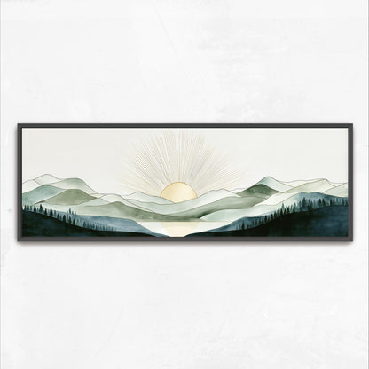 A framed landscape painting depicting a serene mountain scene with a sun rising over the horizon.