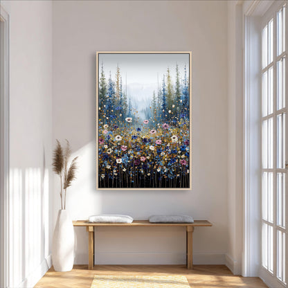 a large painting of a field of flowers hanging on a wall in a room with a wooden bench and a vase of flowers.