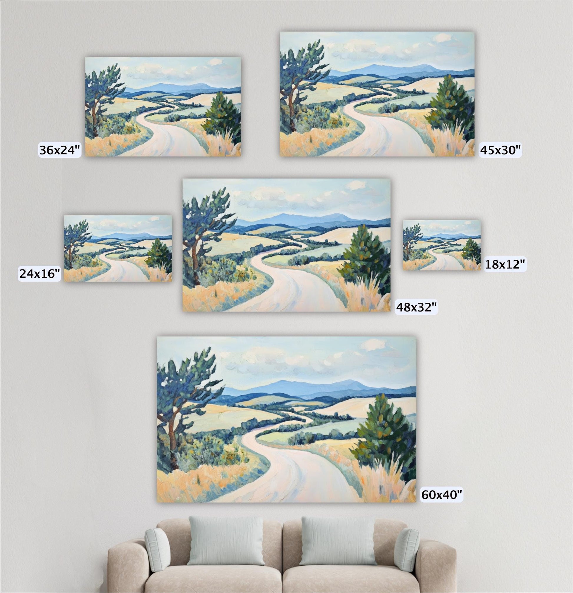 a collection of five landscape paintings of a winding road through a countryside setting, each with a different size and frame.