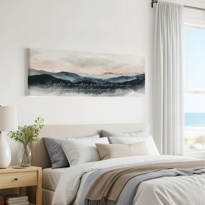 a serene bedroom scene with a large bed, a nightstand, and a painting of a mountain landscape hanging on the wall.