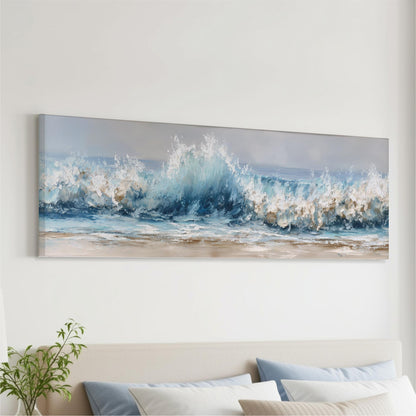 a large, long, rectangular painting hanging on a wall, depicting a beautiful ocean scene with crashing waves.