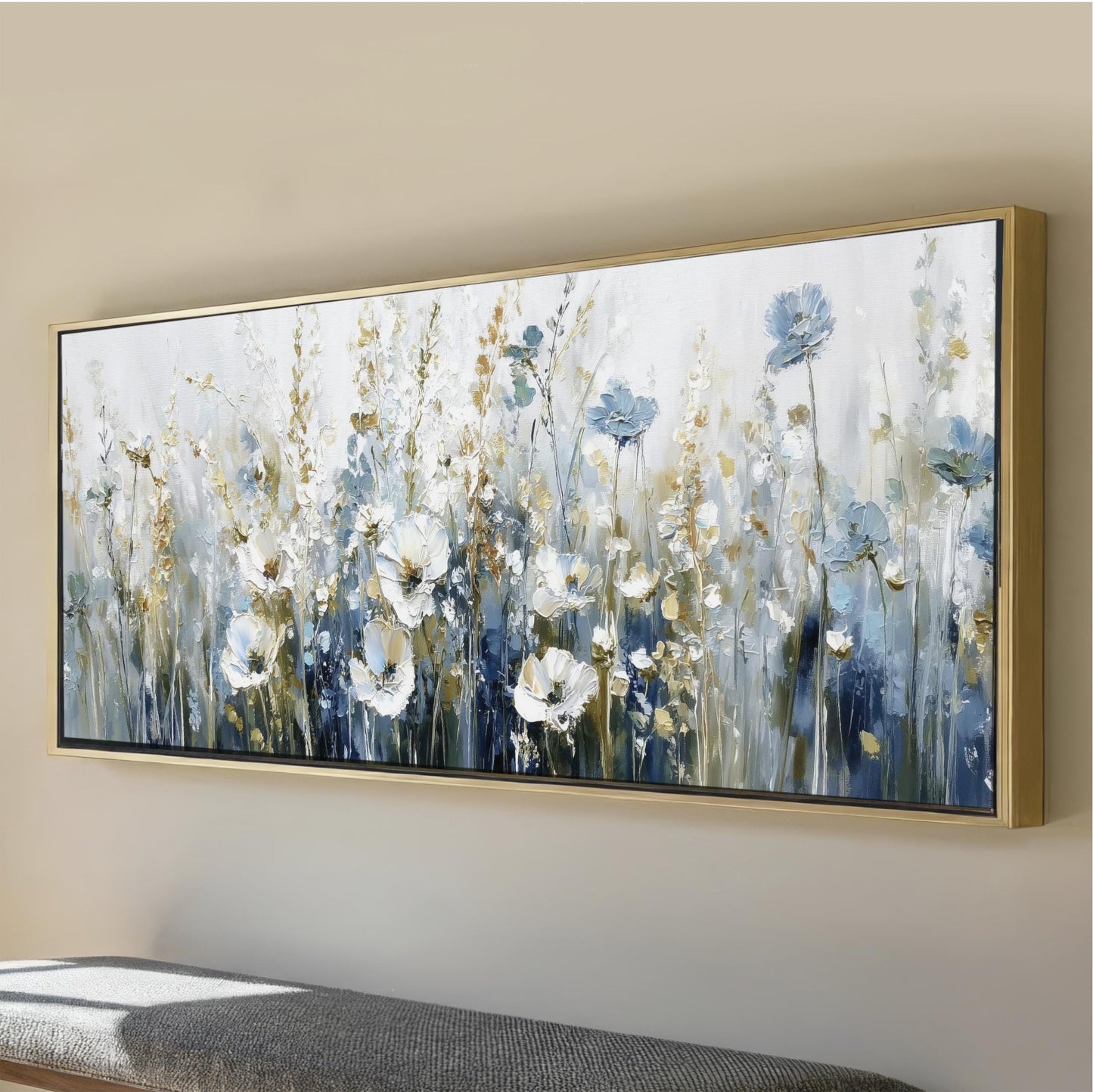 a large, framed painting of a field of flowers, with a predominantly blue and white color palette.