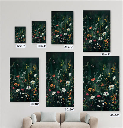 a collection of six framed artworks, each with a different size and frame, arranged on a wall. The artworks feature a floral design with various flowers and leaves in different sizes and orientations. The artworks are arranged in a grid-like pattern, with each frame having a corresponding size and frame type. The artworks are displayed in front of a couch, suggesting a living room setting.