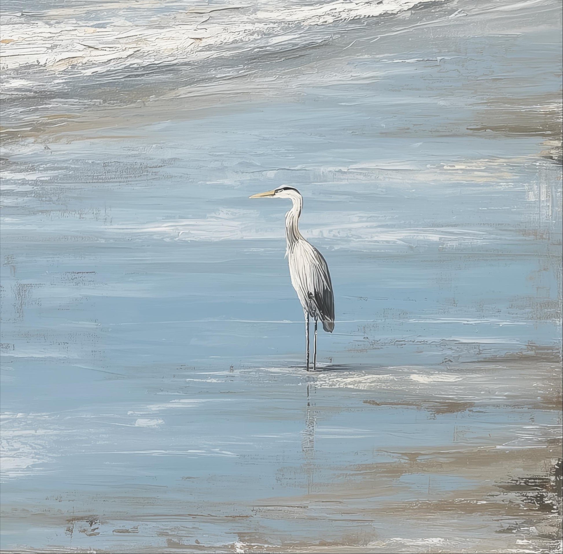 A white heron stands in the water, its long neck and legs visible as it appears to be gazing out at the ocean.