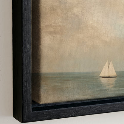 a sailboat on the water, with a cloudy sky in the background.