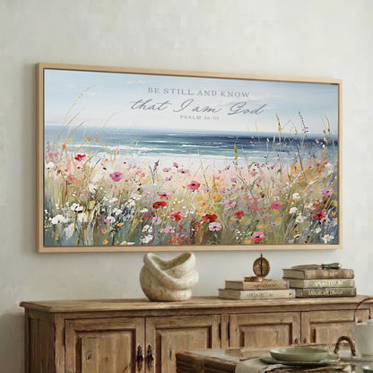 a large framed painting of a field of flowers hanging on a wall above a wooden cabinet.