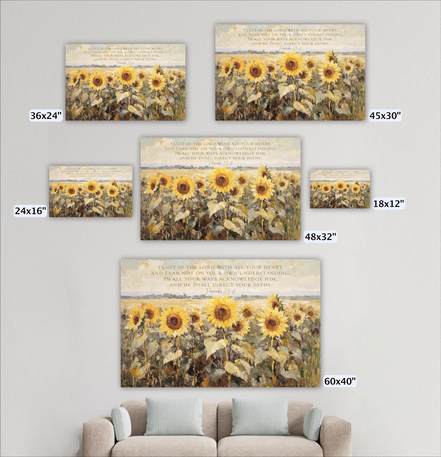 a living room with a couch and a bunch of sunflowers on the wall