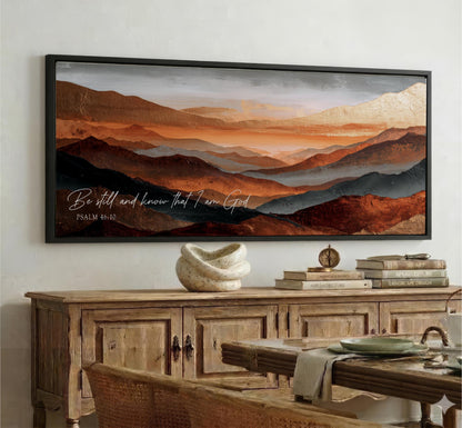 a large framed painting of a mountainous landscape with warm colors, hanging on a wall above a wooden cabinet.
